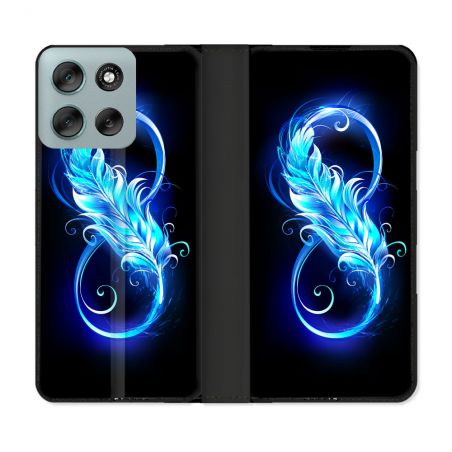 Housse cuir portefeuille Pour Motorola G56 5G Texture Plume Infini Bleu