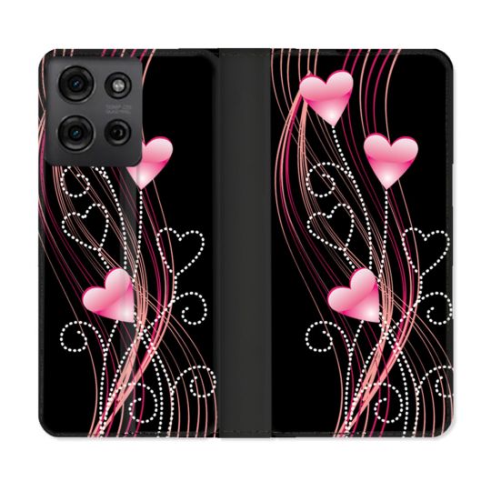 Housse cuir portefeuille Pour Motorola G75 5G Amour Coeur Rose Montant sur Noir