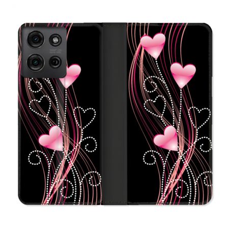 Housse cuir portefeuille Pour Motorola G75 5G Amour Coeur Rose Montant sur Noir