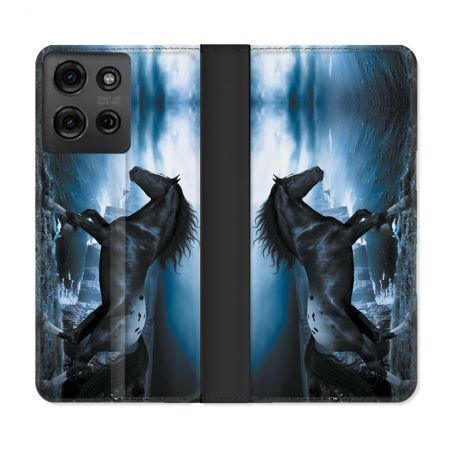 Housse cuir portefeuille Pour Motorola G75 5G Animal Cheval Noir