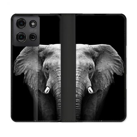 Housse cuir portefeuille Pour Motorola G75 5G Animal Elephant Noir