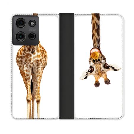 Housse cuir portefeuille Pour Motorola G75 5G Animal Girafe Blanche