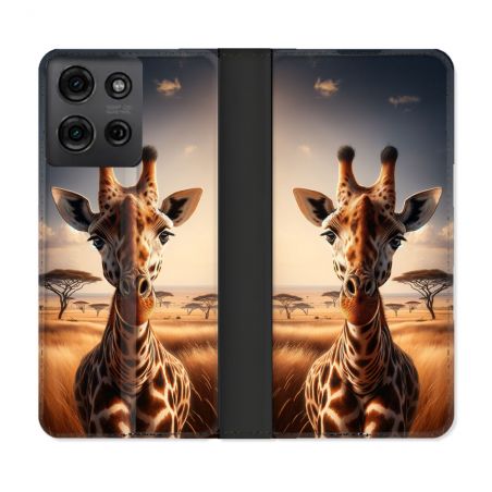 Housse cuir portefeuille Pour Motorola G75 5G Animal Girafe Savane