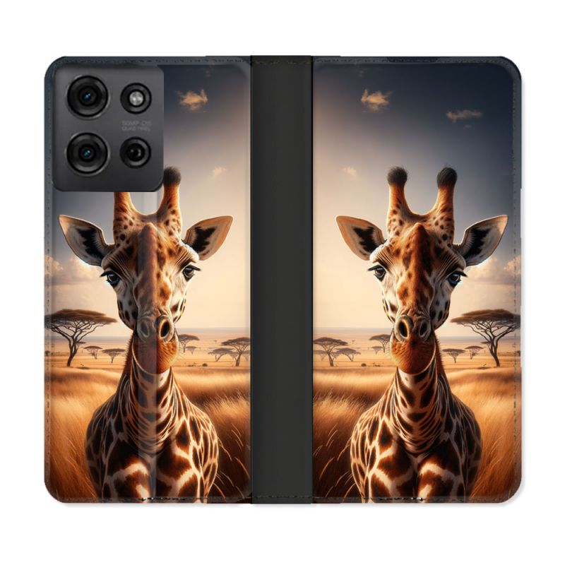 Housse cuir portefeuille Pour Motorola G75 5G Animal Girafe Savane