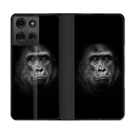 Housse cuir portefeuille Pour Motorola G75 5G Animal Gorille Noir