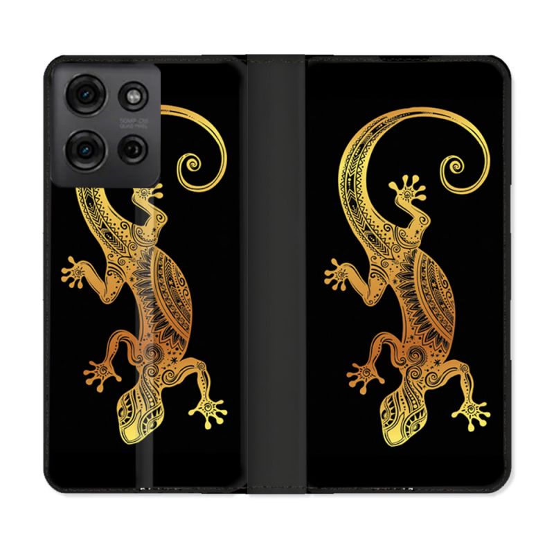 Housse cuir portefeuille Pour Motorola G75 5G Animal Lezard Noir