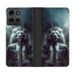 Housse cuir portefeuille Pour Motorola G75 5G Animal Lion Business