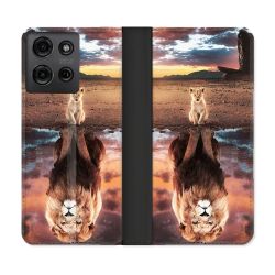 Housse cuir portefeuille Pour Motorola G75 5G Animal Lion Reflet