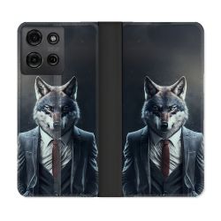 Housse cuir portefeuille Pour Motorola G75 5G Animal Loup Business