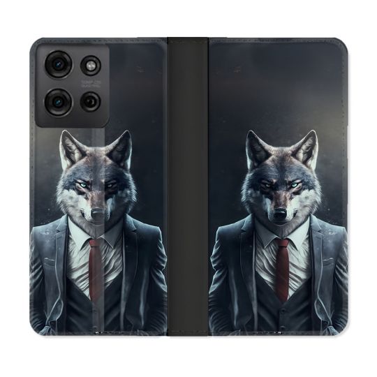 Housse cuir portefeuille Pour Motorola G75 5G Animal Loup Business