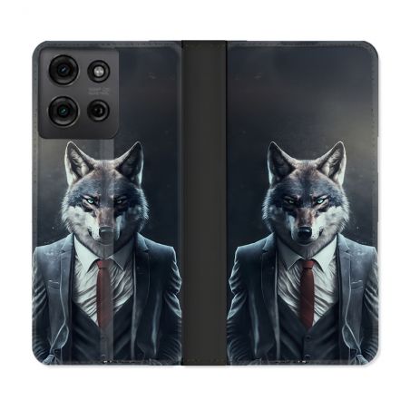 Housse cuir portefeuille Pour Motorola G75 5G Animal Loup Business