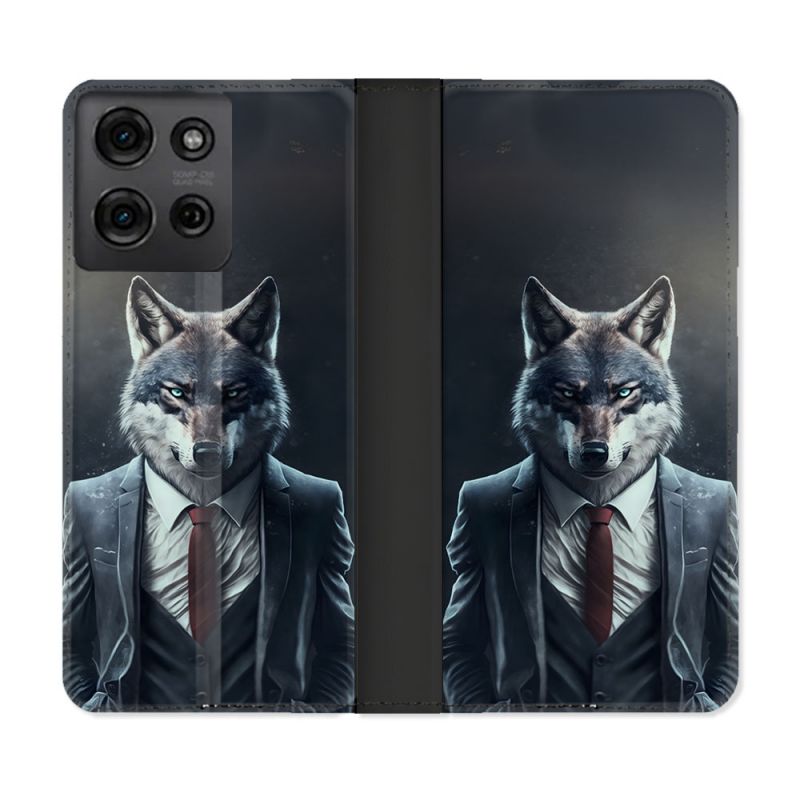 Housse cuir portefeuille Pour Motorola G75 5G Animal Loup Business