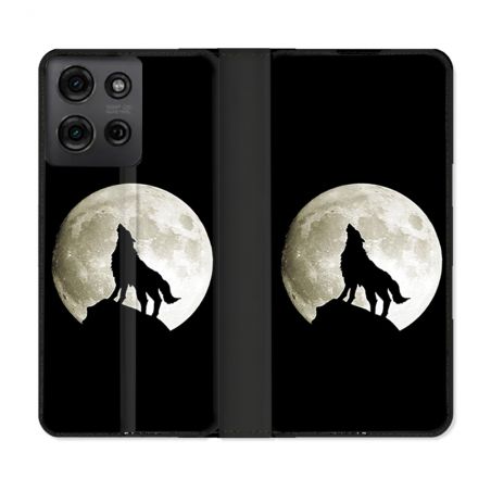 Housse cuir portefeuille Pour Motorola G75 5G Animal Loup Noir