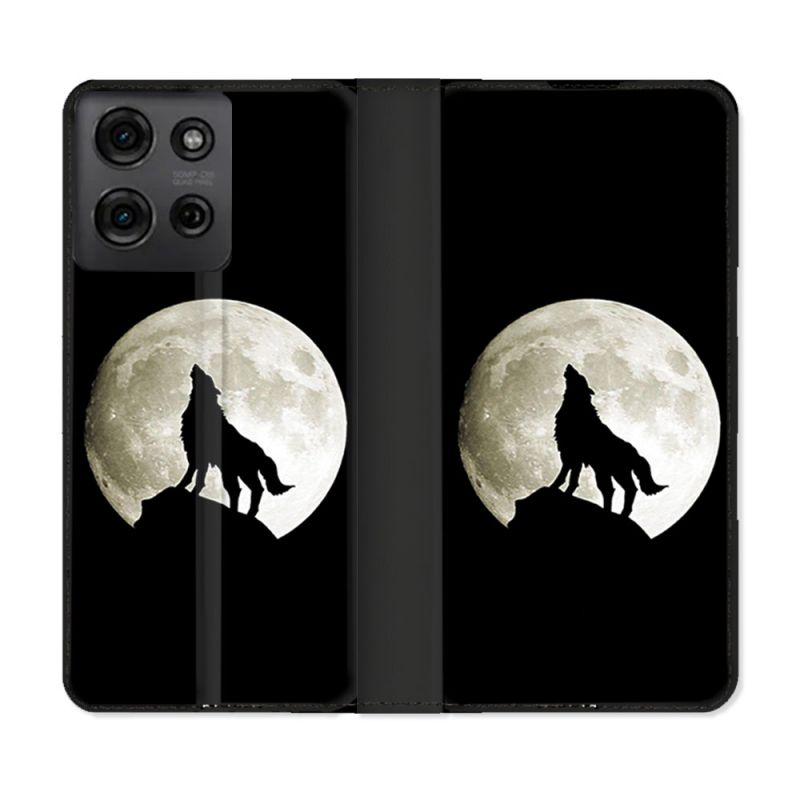 Housse cuir portefeuille Pour Motorola G75 5G Animal Loup Noir