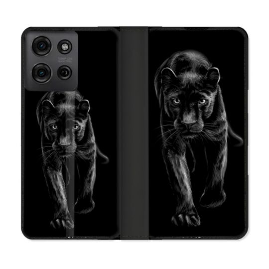 Housse cuir portefeuille Pour Motorola G75 5G Animal Panthère Noire