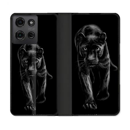 Housse cuir portefeuille Pour Motorola G75 5G Animal Panthère Noire