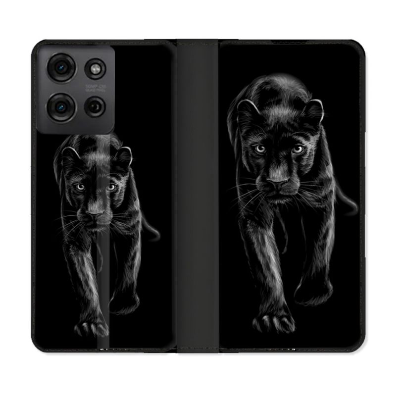 Housse cuir portefeuille Pour Motorola G75 5G Animal Panthère Noire