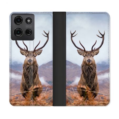 Housse cuir portefeuille Pour Motorola G75 5G Chasse Chevreuil Montagne