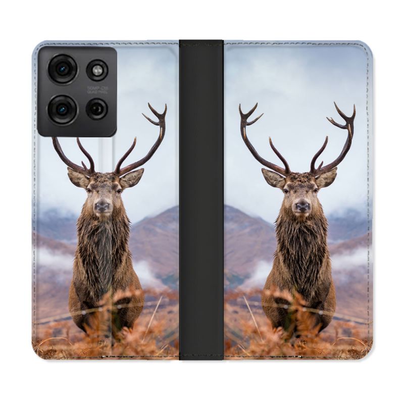 Housse cuir portefeuille Pour Motorola G75 5G Chasse Chevreuil Montagne