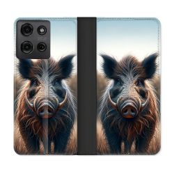 Housse cuir portefeuille Pour Motorola G75 5G Chasse Sanglier Attaque