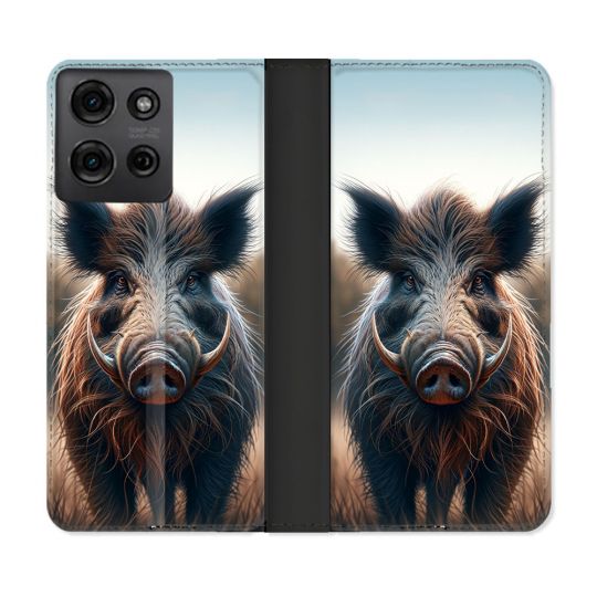 Housse cuir portefeuille Pour Motorola G75 5G Chasse Sanglier Attaque
