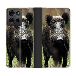 Housse cuir portefeuille Pour Motorola G75 5G Chasse Sanglier bois