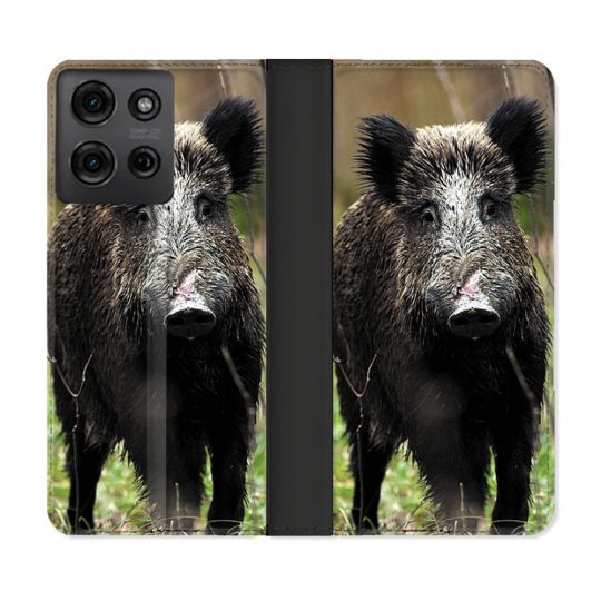 Housse cuir portefeuille Pour Motorola G75 5G Chasse Sanglier bois