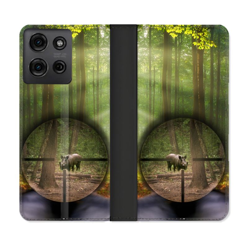 Housse cuir portefeuille Pour Motorola G75 5G Chasse Sanglier Viseur