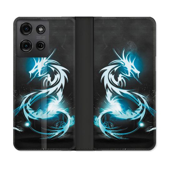 Housse cuir portefeuille Pour Motorola G75 5G Fantastique Dragon Bleu