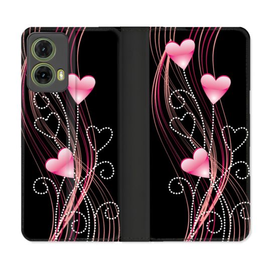 Housse cuir portefeuille Pour Motorola G85 5G Amour Coeur Rose Montant sur Noir