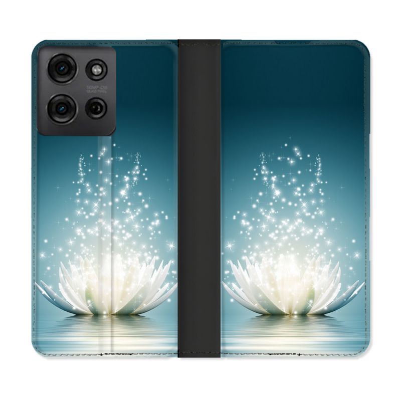 Housse cuir portefeuille Pour Motorola G75 5G Fleur Lotus Blanc