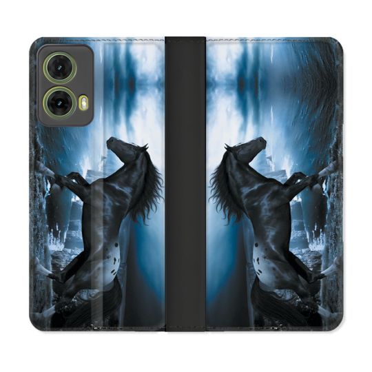 Housse cuir portefeuille Pour Motorola G85 5G Animal Cheval Noir