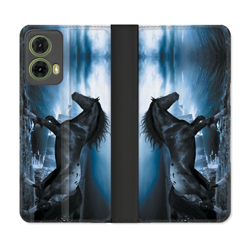 Housse cuir portefeuille Pour Motorola G85 5G Animal Cheval Noir