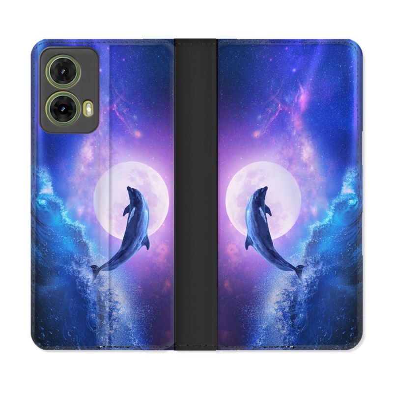 Housse cuir portefeuille Pour Motorola G85 5G Animal Dauphin Vague