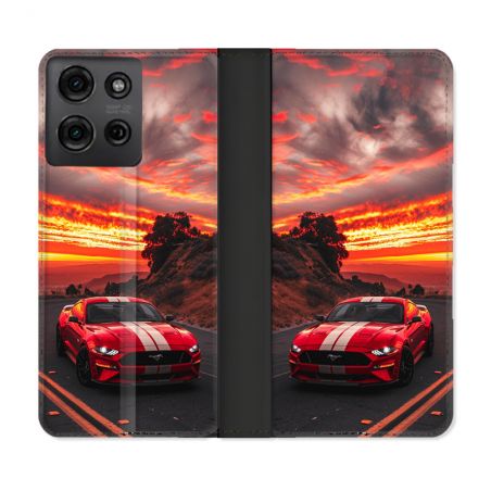 Housse cuir portefeuille Pour Motorola G75 5G Ford Mustang GT500 Rouge