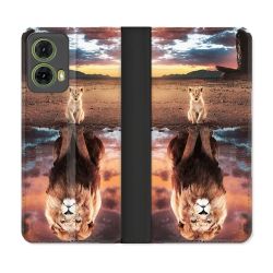 Housse cuir portefeuille Pour Motorola G85 5G Animal Lion Reflet
