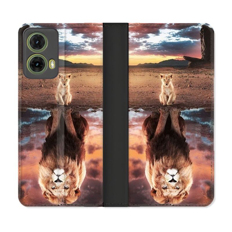 Housse cuir portefeuille Pour Motorola G85 5G Animal Lion Reflet