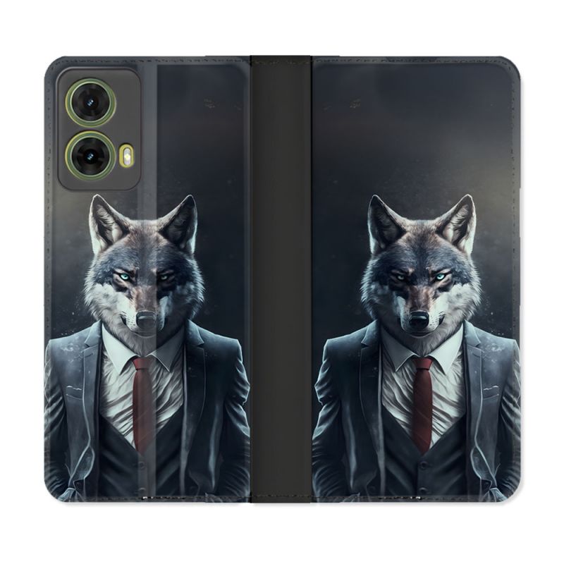 Housse cuir portefeuille Pour Motorola G85 5G Animal Loup Business