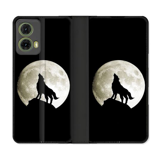 Housse cuir portefeuille Pour Motorola G85 5G Animal Loup Noir