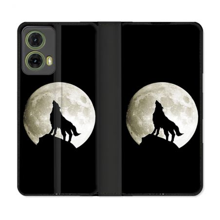 Housse cuir portefeuille Pour Motorola G85 5G Animal Loup Noir