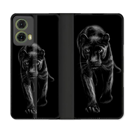 Housse cuir portefeuille Pour Motorola G85 5G Animal Panthère Noire