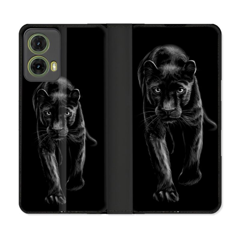 Housse cuir portefeuille Pour Motorola G85 5G Animal Panthère Noire