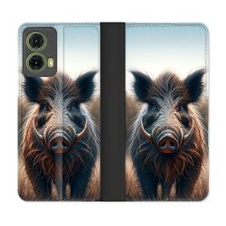 Housse cuir portefeuille Pour Motorola G85 5G Chasse Sanglier Attaque