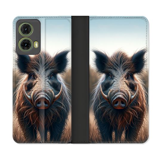 Housse cuir portefeuille Pour Motorola G85 5G Chasse Sanglier Attaque