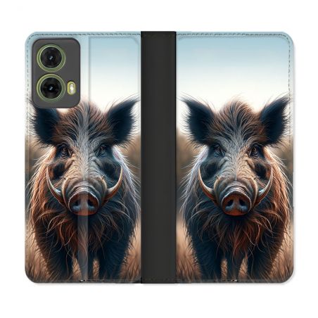 Housse cuir portefeuille Pour Motorola G85 5G Chasse Sanglier Attaque