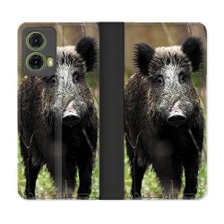 Housse cuir portefeuille Pour Motorola G85 5G Chasse Sanglier bois