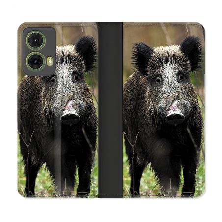 Housse cuir portefeuille Pour Motorola G85 5G Chasse Sanglier bois
