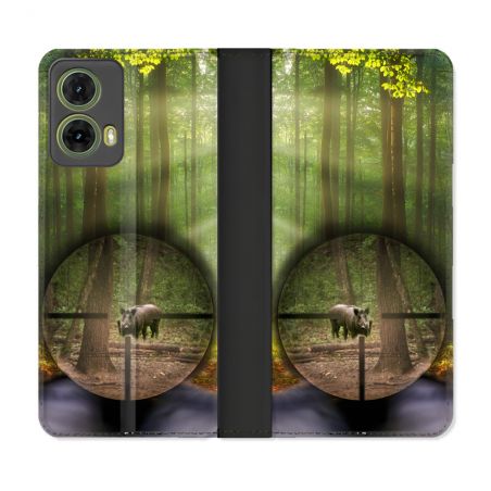 Housse cuir portefeuille Pour Motorola G85 5G Chasse Sanglier Viseur