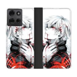 Housse cuir portefeuille Pour Motorola G75 5G Manga Tokyo Ghoul Kaneki Blanc