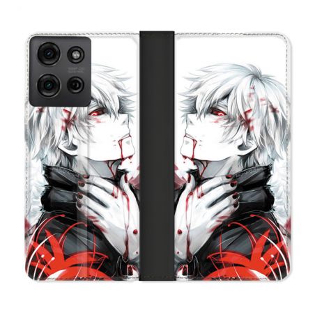 Housse cuir portefeuille Pour Motorola G75 5G Manga Tokyo Ghoul Kaneki Blanc